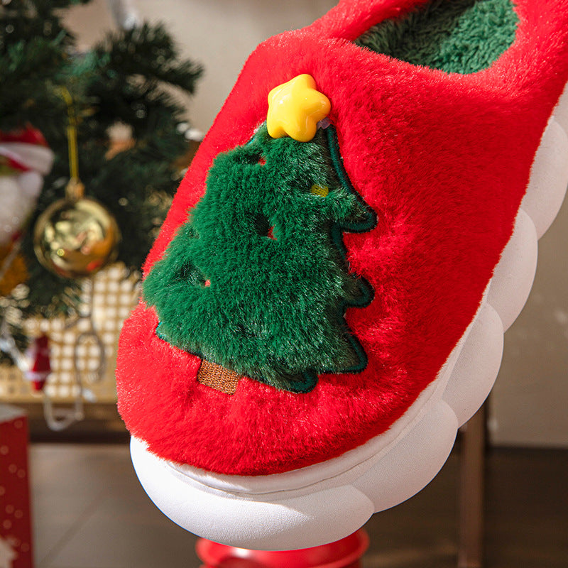 Plush Christmas Tree Slippers – Warm Fuzzy Holiday Indoor House Shoes for Women & Men