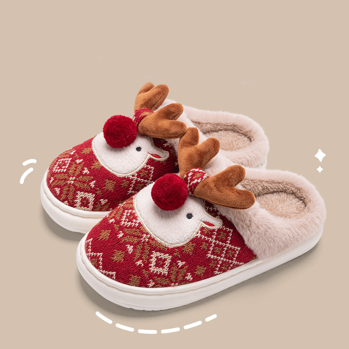 Plush Reindeer Christmas Slippers – Cozy Furry Winter Indoor House Shoes with 3D Antlers