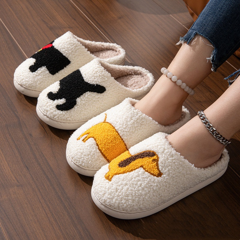 Cozy Fleece Dog-Themed Indoor Slippers Warm Plush Winter House Shoes for Women & Men