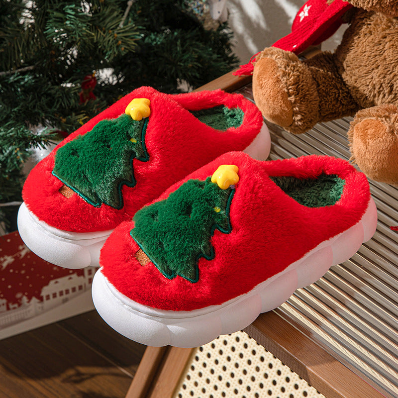 Plush Christmas Tree Slippers – Warm Fuzzy Holiday Indoor House Shoes for Women & Men