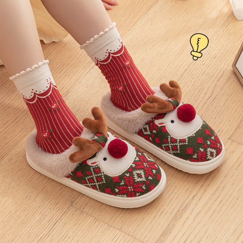 Plush Reindeer Christmas Slippers – Cozy Furry Winter Indoor House Shoes with 3D Antlers
