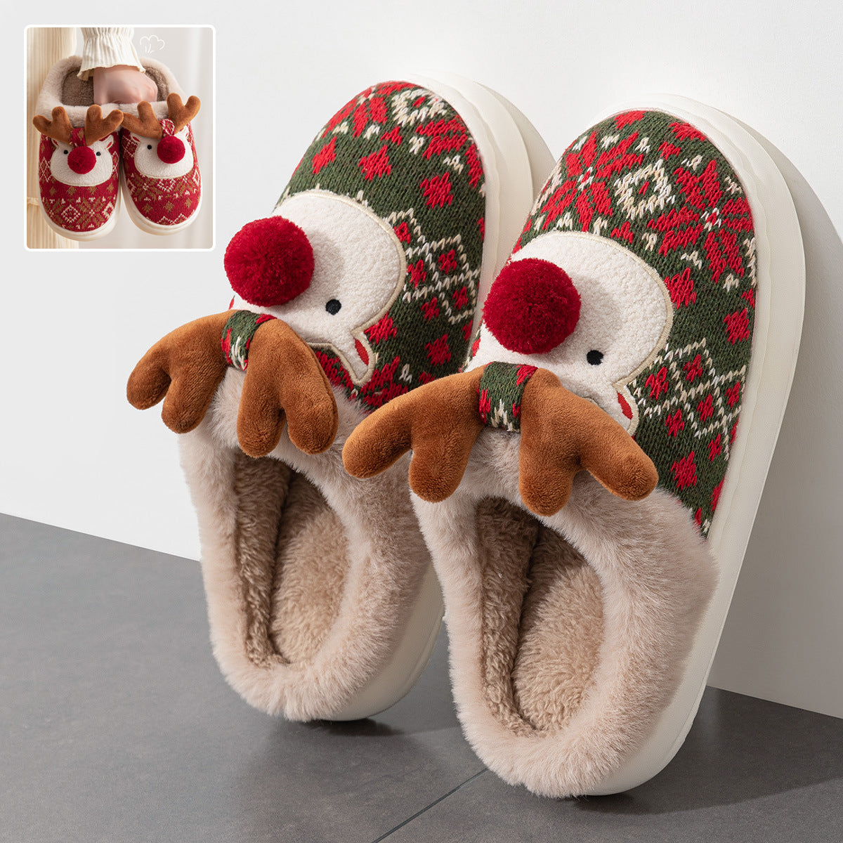 Plush Reindeer Christmas Slippers – Cozy Furry Winter Indoor House Shoes with 3D Antlers