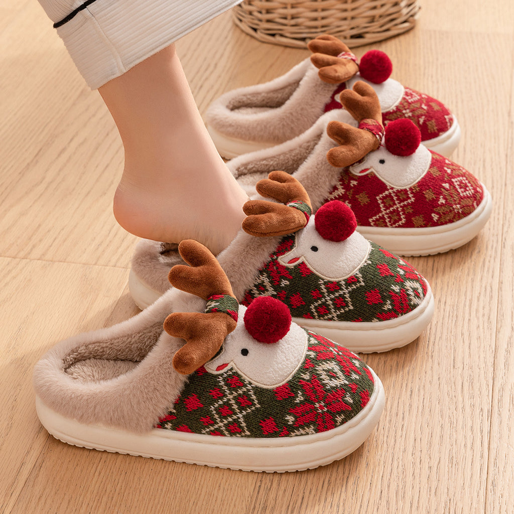 Plush Reindeer Christmas Slippers – Cozy Furry Winter Indoor House Shoes with 3D Antlers