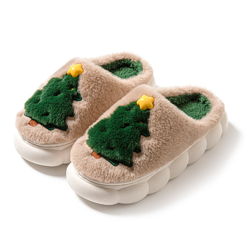 Plush Christmas Tree Slippers – Warm Fuzzy Holiday Indoor House Shoes for Women & Men