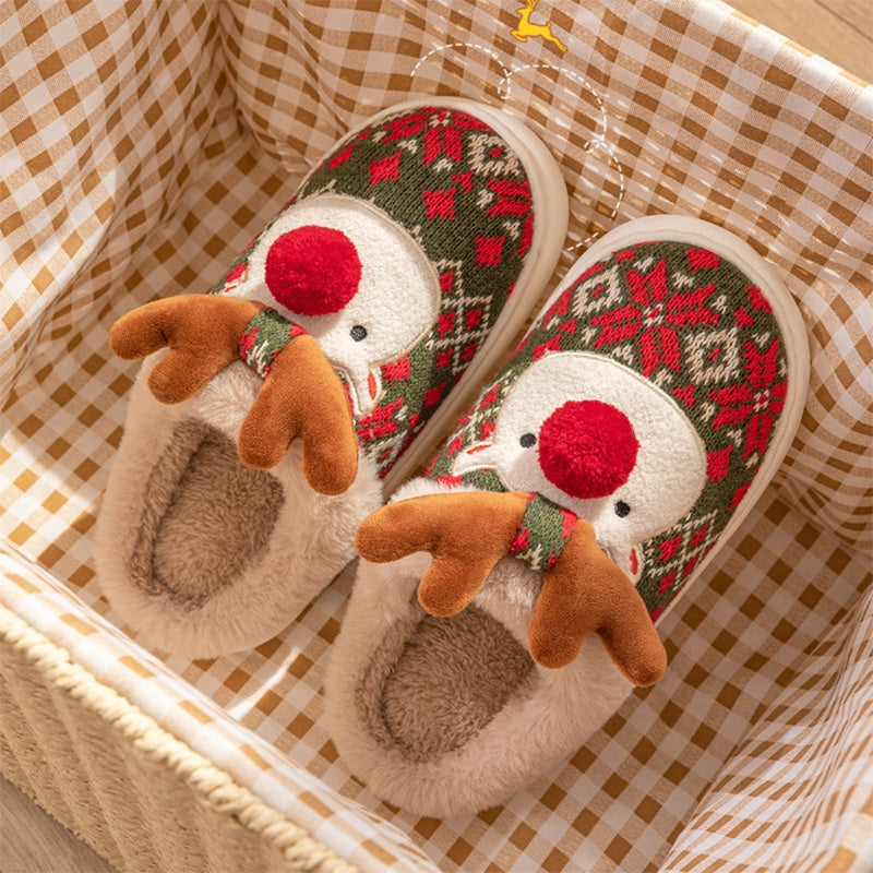 Plush Reindeer Christmas Slippers – Cozy Furry Winter Indoor House Shoes with 3D Antlers