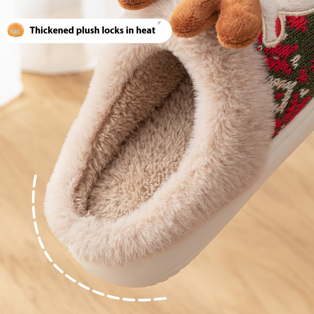 Plush Reindeer Christmas Slippers – Cozy Furry Winter Indoor House Shoes with 3D Antlers