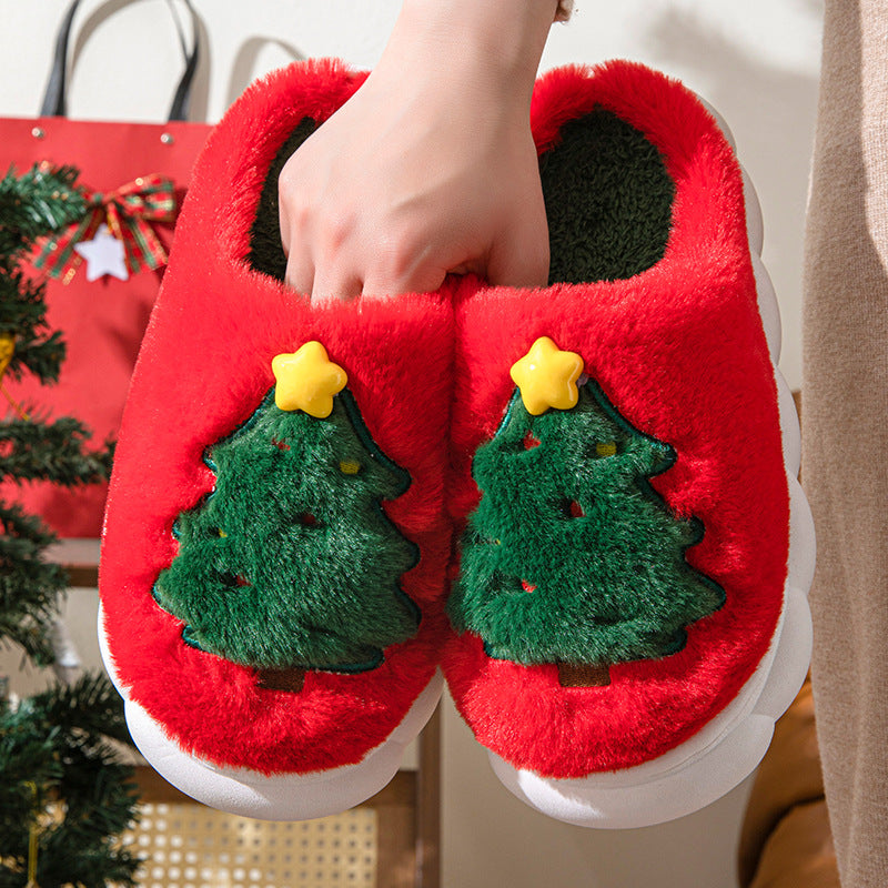 Plush Christmas Tree Slippers – Warm Fuzzy Holiday Indoor House Shoes for Women & Men