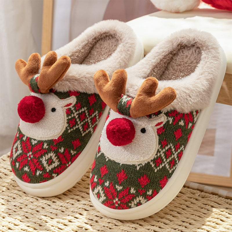 Plush Reindeer Christmas Slippers – Cozy Furry Winter Indoor House Shoes with 3D Antlers