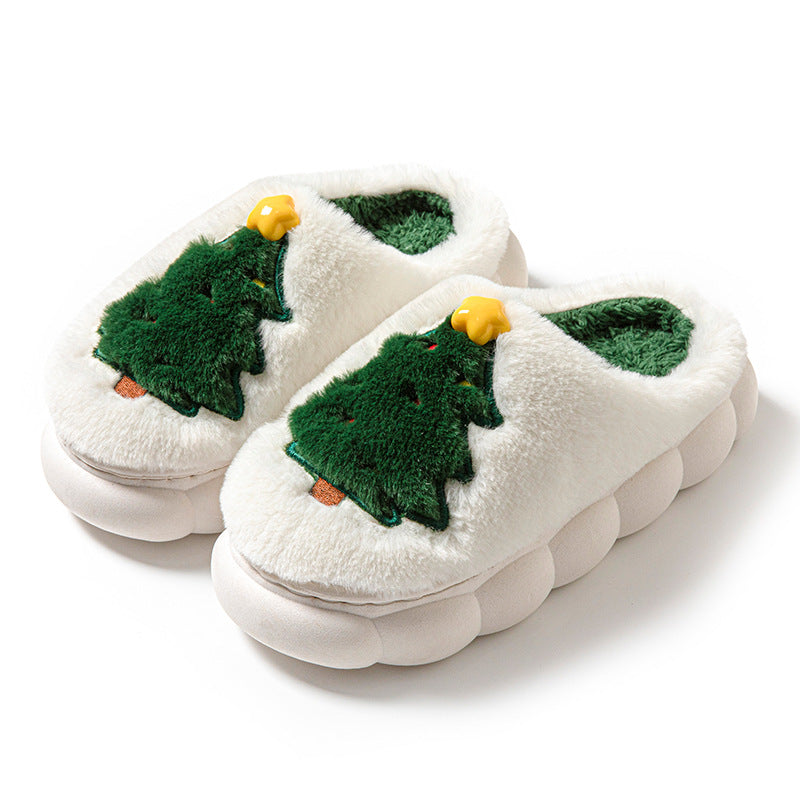 Plush Christmas Tree Slippers – Warm Fuzzy Holiday Indoor House Shoes for Women & Men