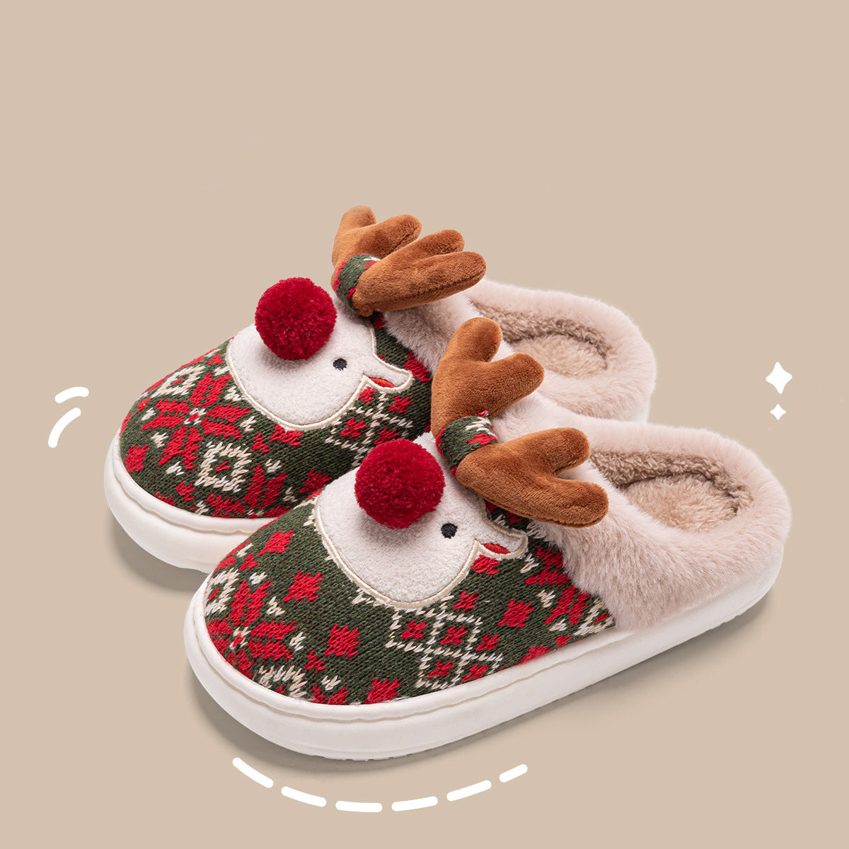 Plush Reindeer Christmas Slippers – Cozy Furry Winter Indoor House Shoes with 3D Antlers