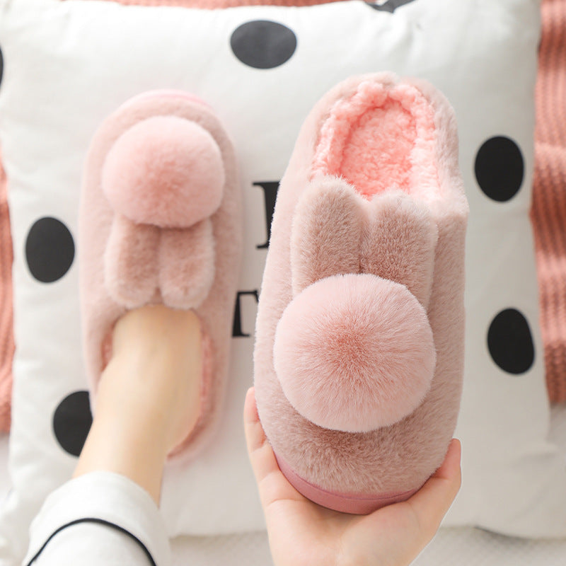 Fluffy Bunny Ear Slippers for Women Soft Plush Indoor House Shoes with Cute Pom-Pom
