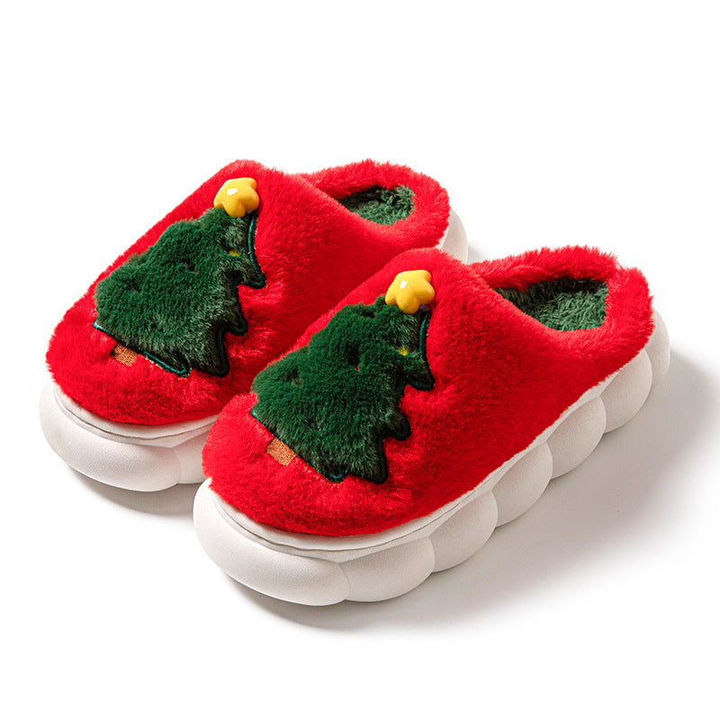 Plush Christmas Tree Slippers – Warm Fuzzy Holiday Indoor House Shoes for Women & Men